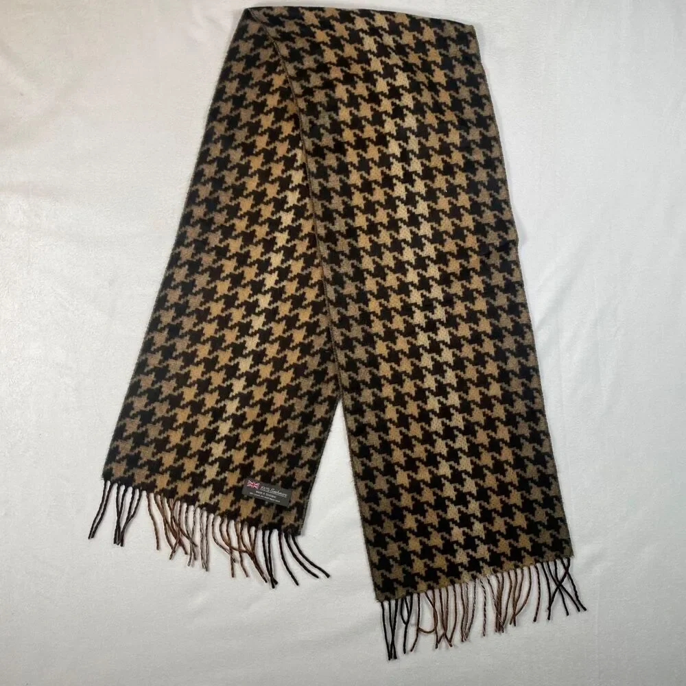 Made in Scotland 100% Cashmere Houndstooth Scarf Brown Ombre Fringe Soft
